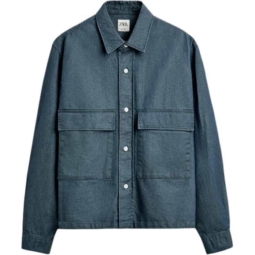ZARA Cotton Collared Long-Sleeve Shirt Jacket Blue/Green 06103350-35