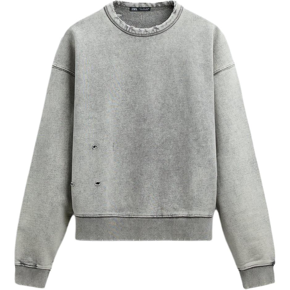 ZARA Distressed Washed Crewneck Long-Sleeve Sweatshirt Men’s Gray 3854405-814