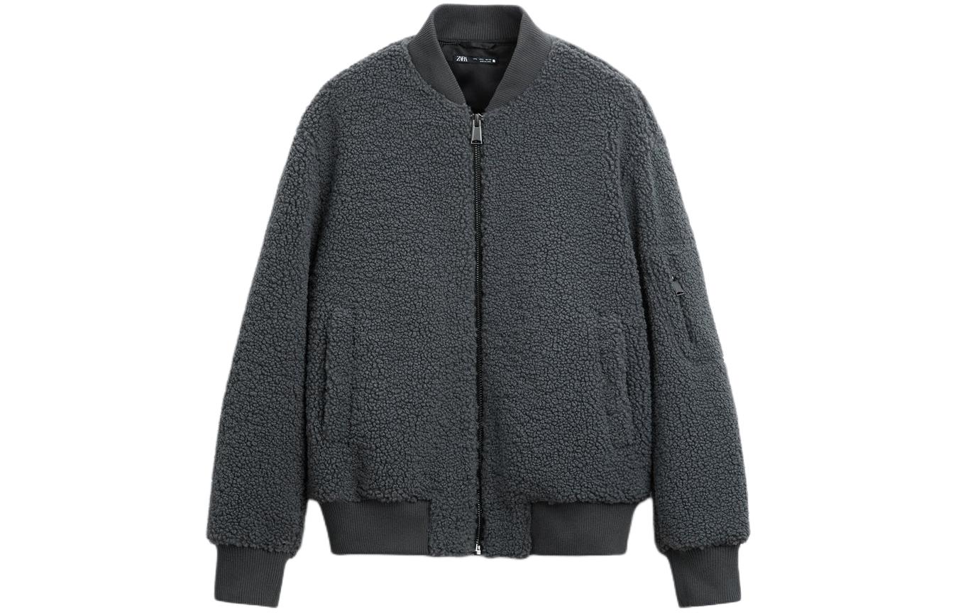 ZARA Gray Solid Color Stand Collar Zip-Up Jacket 8281405-802