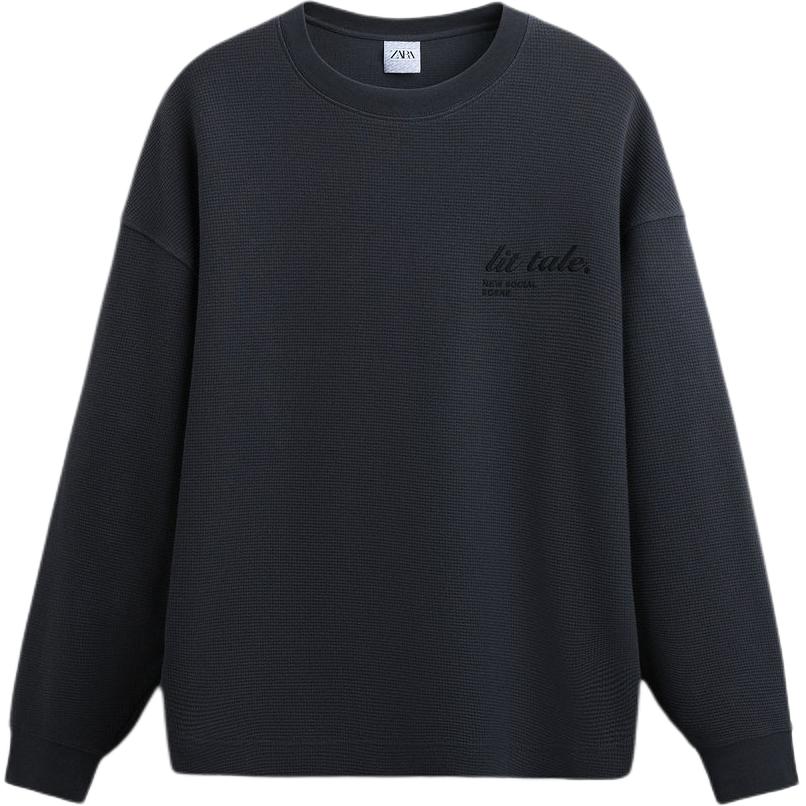 ZARA Grey Plaid Textured Letter Print Crewneck Long-Sleeve Sweatshirt 4087444-807