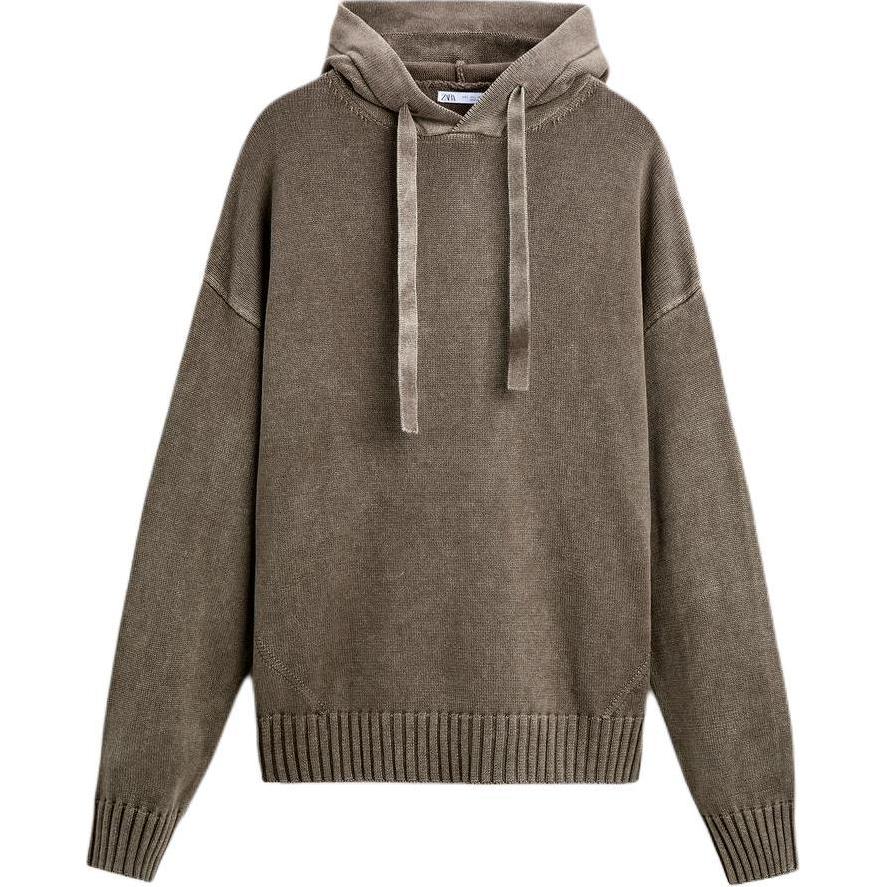 ZARA Loose-Fit Washed Knit Hoodie in Chocolate Brown. 09598381-35