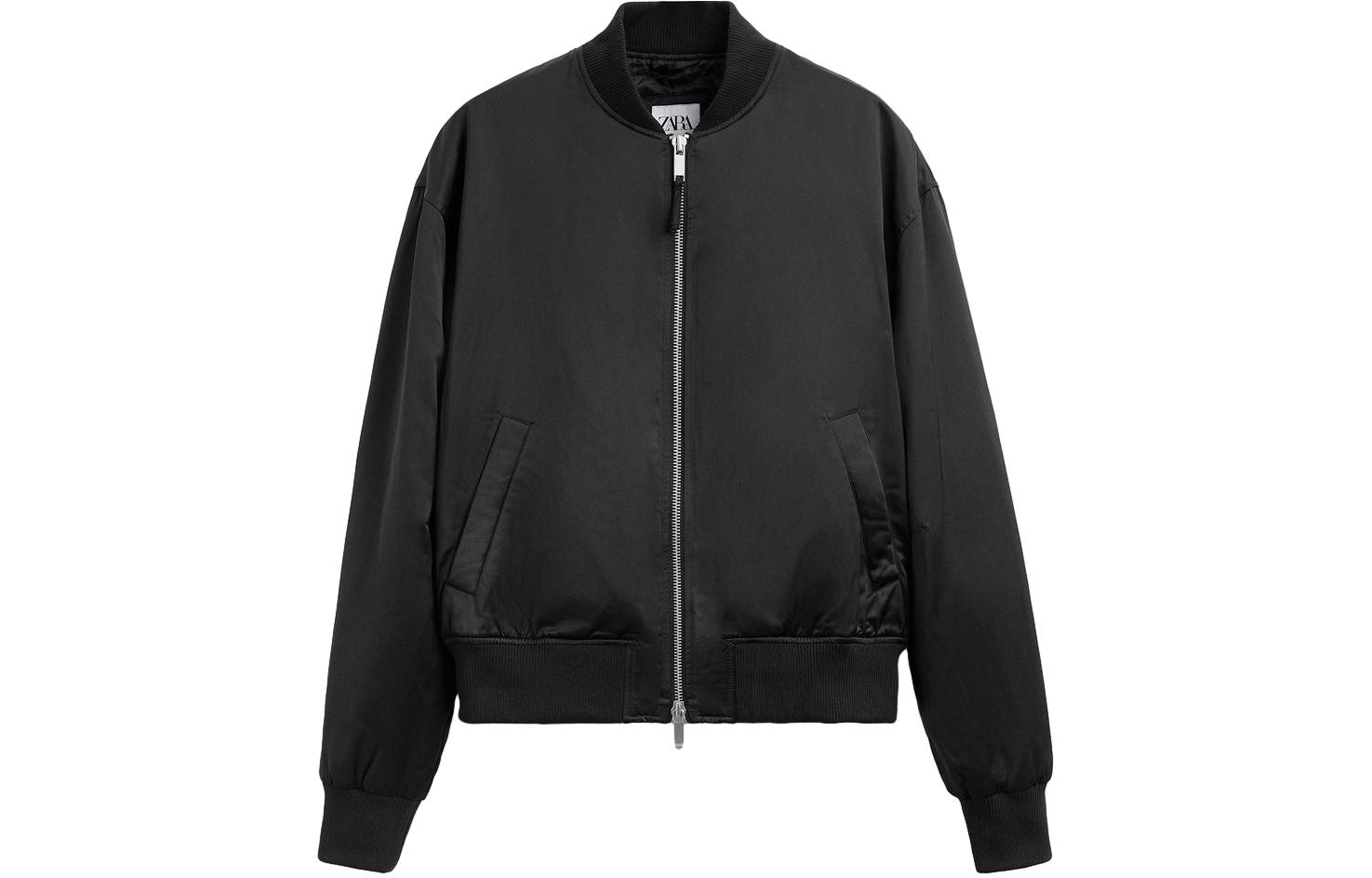 ZARA Solid Black Long-Sleeve Baseball Collar Zip Jacket 05070304800-33