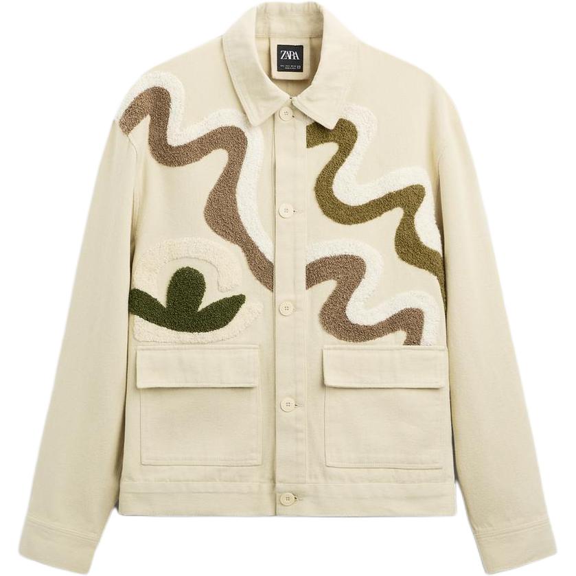 ZARA White Long-Sleeve Outdoor Collar Jacket with Embellished Patches 0881310-250