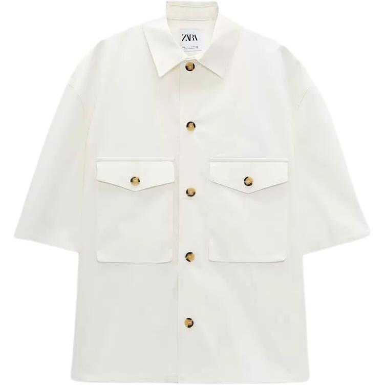 ZARA White Oversized Short-Sleeve Shirt Jacket with Pocket Details 4656707-251