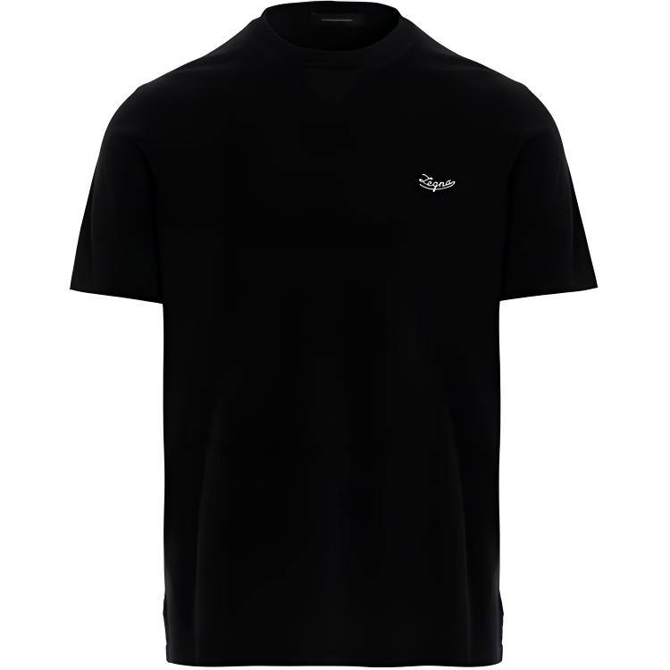 Zegna  Black Crew Neck T-Shirt with Embroidered Logo Pattern. UT526-706R-K09