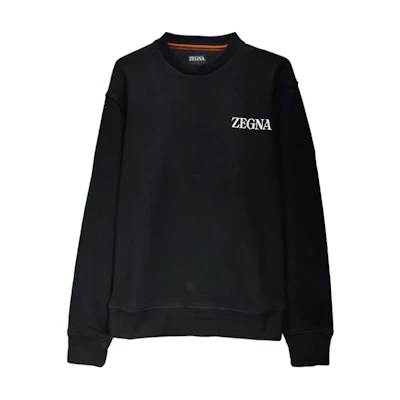 Zegna Black Crewneck Sweatshirt with Logo Print Long Sleeves UE522-A8E872-K09