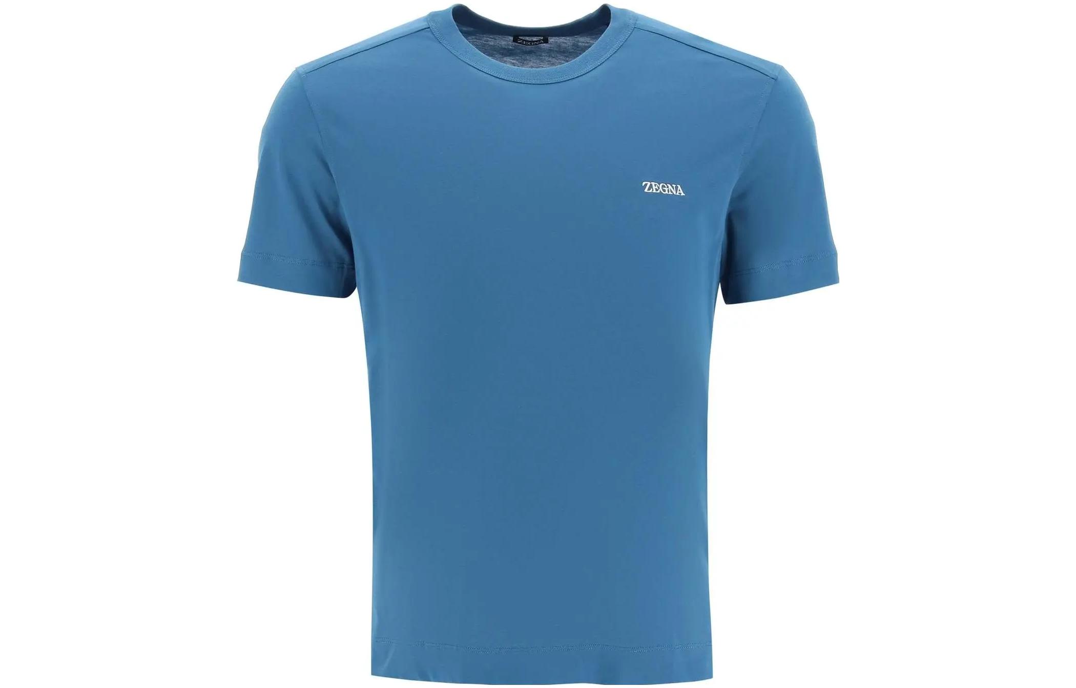 Zegna  Blue Crewneck Logo Embroidered Short Sleeve T-Shirt UB360A5B760-T06