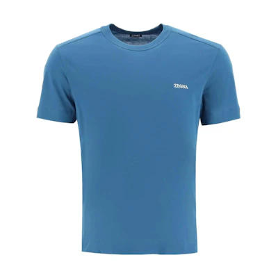 Zegna Blue Crewneck Logo Embroidered Short Sleeve T-Shirt UB360A5B760-T06