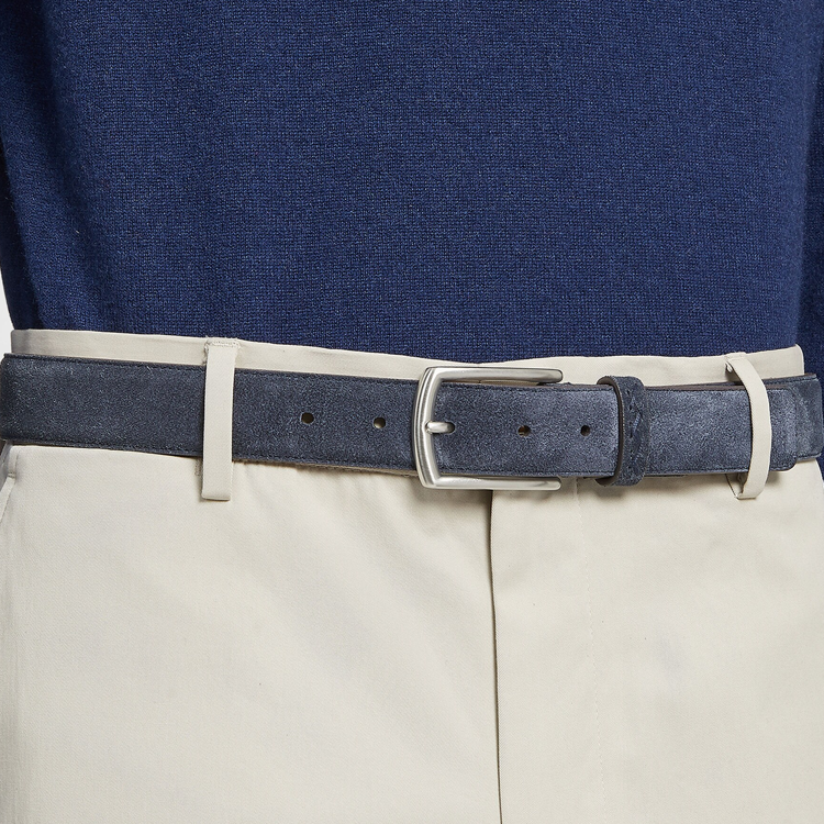 Lookbook Zegna 藍色皮革腰帶，縫線標誌，針扣設計，寬度3.2CM。 LHCAS-B014AZ-RTZ