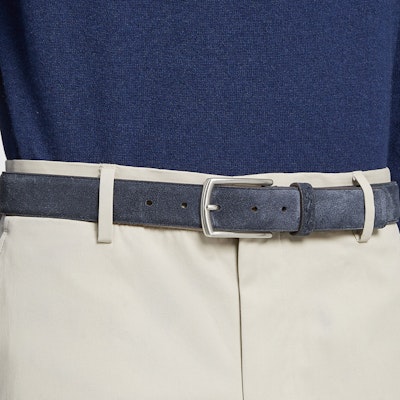 Zegna 藍色皮革腰帶,縫線標誌,針扣設計,寬度3.2CM。 LHCAS-B014AZ-RTZ Lookbook Zegna 藍色皮革腰帶,縫線標誌,針扣設計,寬度3.2CM。 LHCAS-B014AZ-RTZ