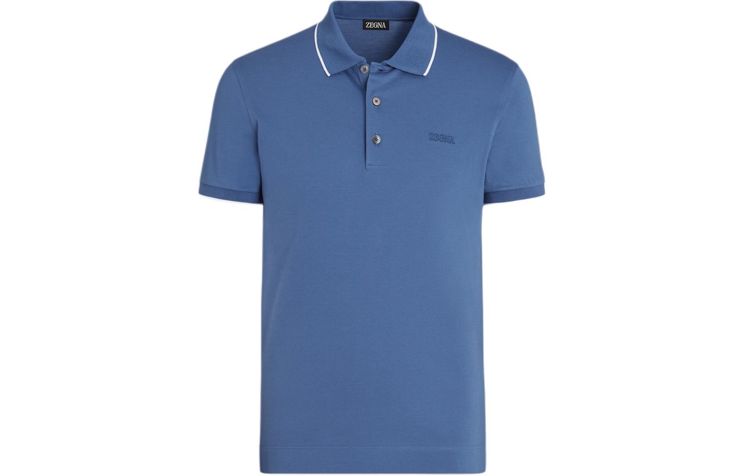 Zegna  Blue Polo Shirt with Logo Embroidery and Striped Detailing. UD358A7-D746-A07