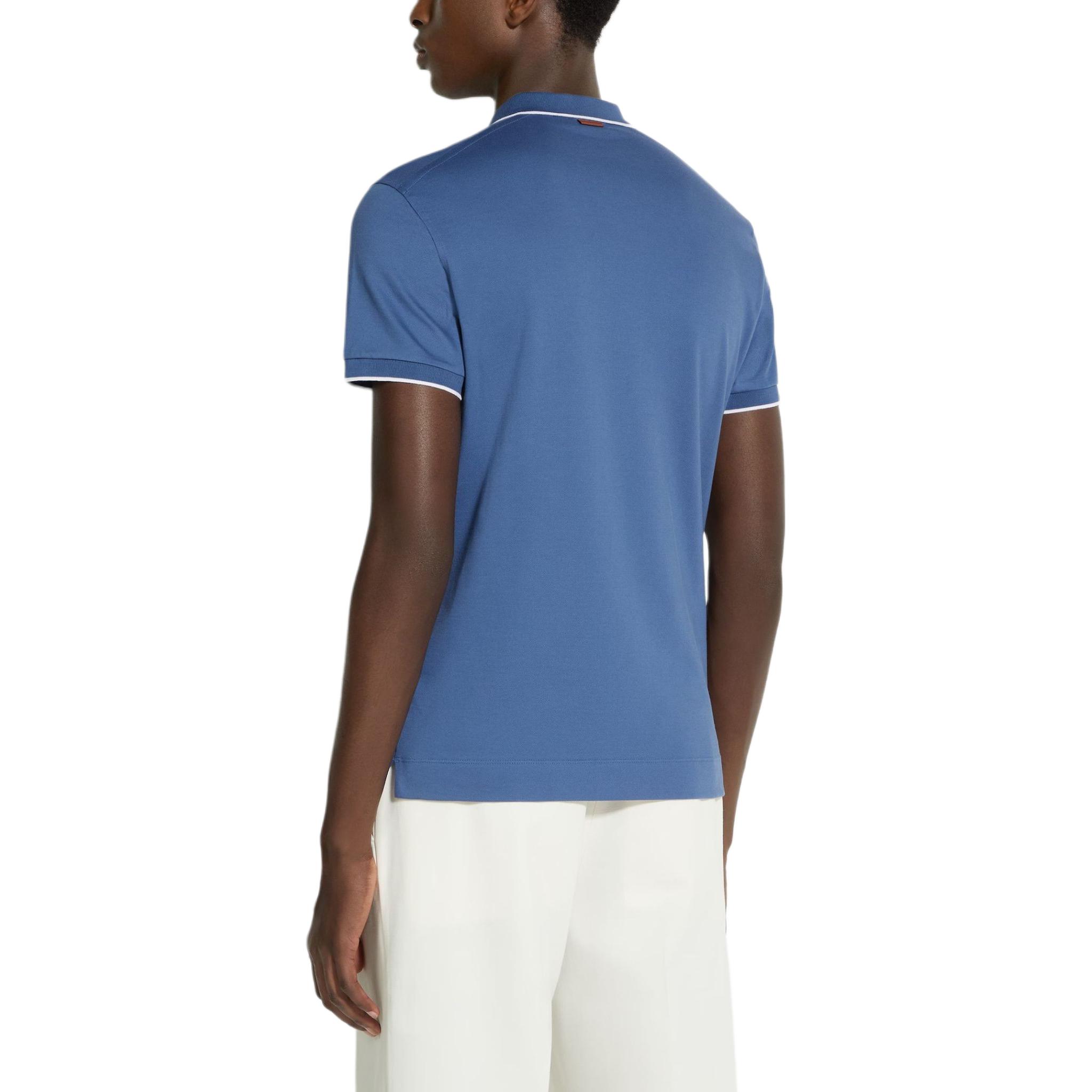 Lookbook Zegna 藍色刺繡標誌條紋細節POLO衫。 UD358A7-D746-A07