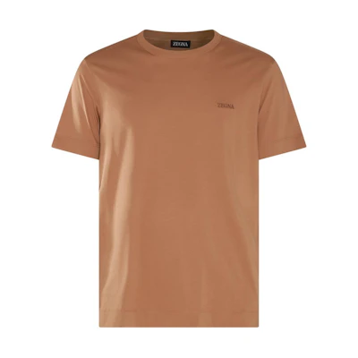 Zegna Brown Crewneck T-Shirt with Solid Color and Logo Embroidery. UD360-A7D760-N04