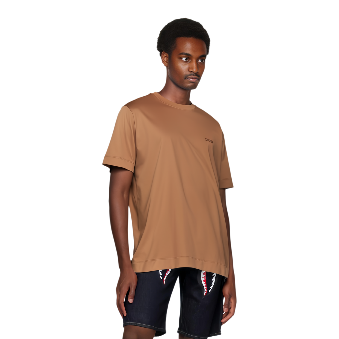 Shop ゼニア ブラウンクルーネックTシャツ 無地 ロゴ刺繍入り UD360-A7D760-N04