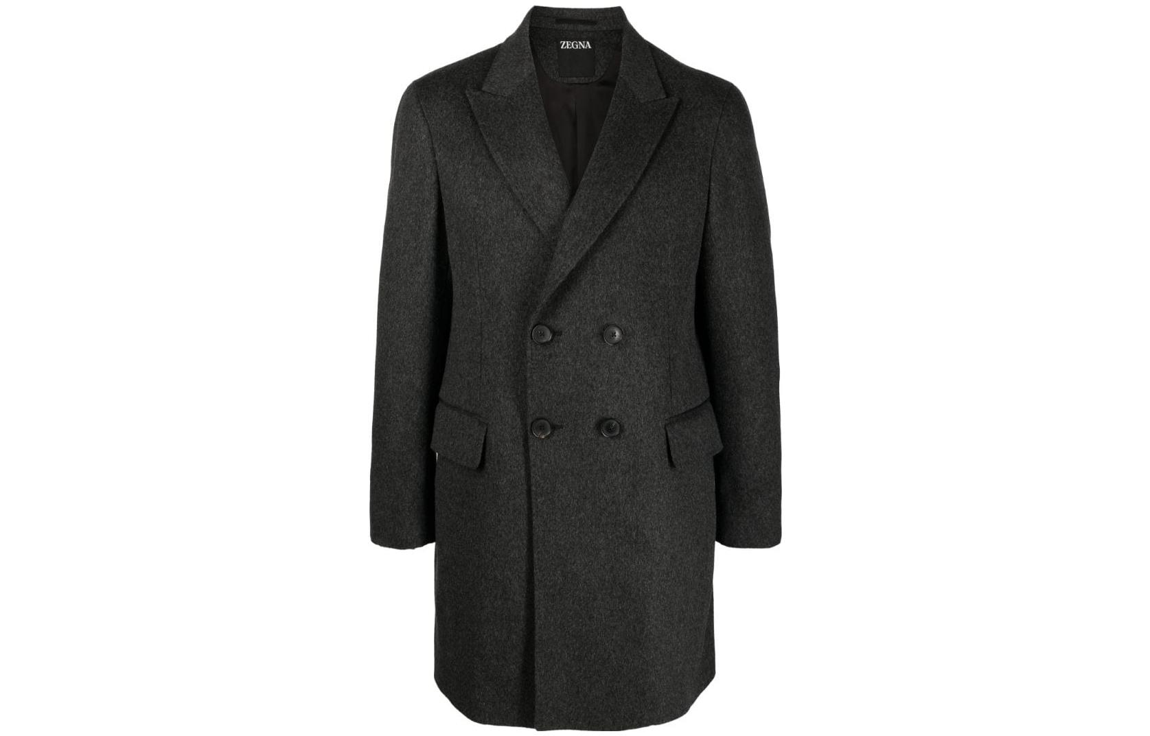 Zegna  Double-Breasted Long Sleeve Coat in Dark Gray. 69871-1A64DG-4G0