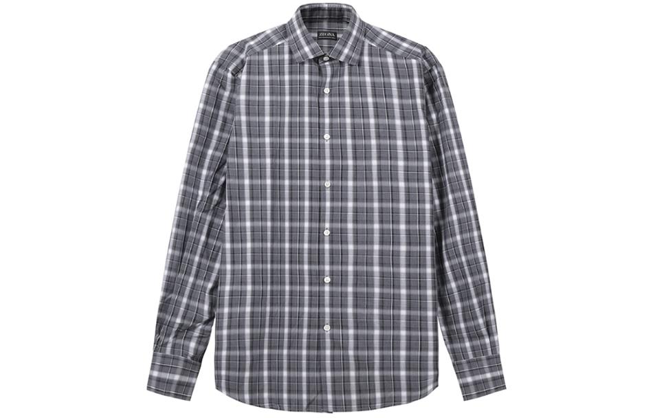 Zegna  Grey Plaid Print Long Sleeve Button-Up Shirt. UCX03A6-SRF5-513