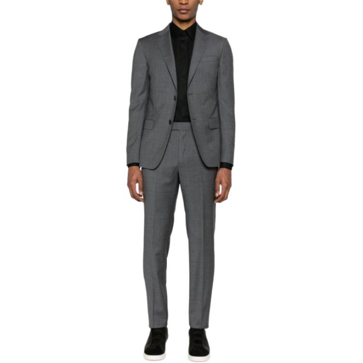 Lookbook ゼニア グレー無地スリムフィットブレザースーツ ラペルとボタン留め付き。 722718A7281CGA