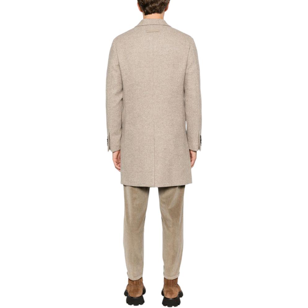 Shop Zegna 人字紋羊毛混紡雙排扣大衣 米色 89870-4A84DG-4G0