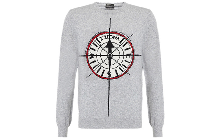 Zegna  Light Grey Clock Pattern Crewneck Long Sleeve Knit Sweater. VRH61-ZZ110-K94