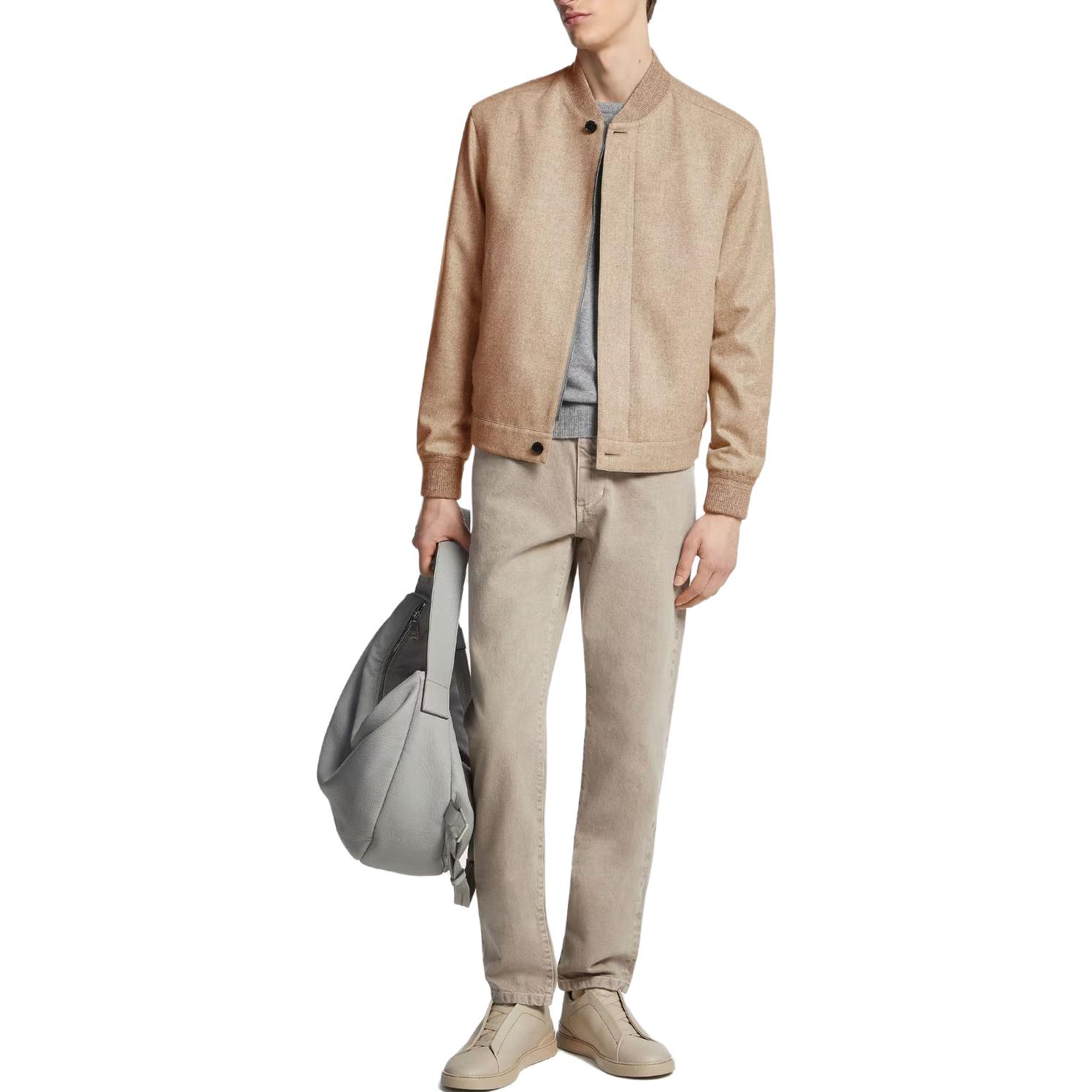 Lookbook Zegna Jaket Lengan Panjang Crewneck Warna Taupe Solid Butang UCT45A6-C119-139