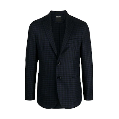 Zegna Navy Blue Checkered Single-Breasted Long Sleeve Blazer. 650700A6-1DNMG0