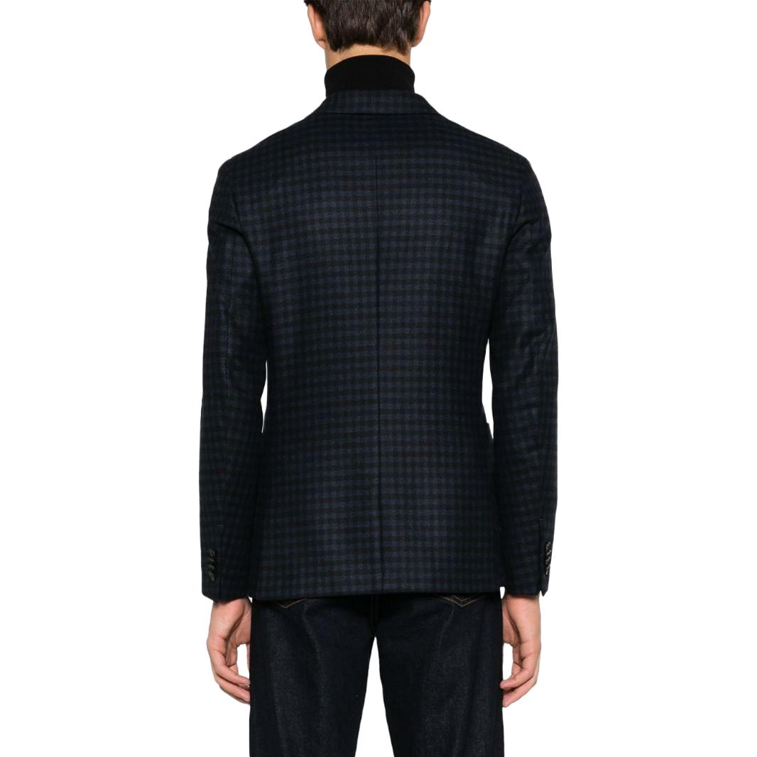 Shop Zegna 海軍藍格紋單排扣長袖外套 Blazer. 650700A6-1DNMG0