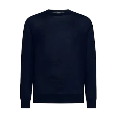 Zegna Navy Blue Crew Neck Long Sleeve Sweater. UEM00A-8110-B09