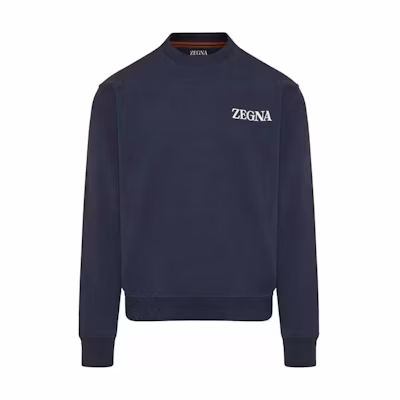 Zegna Navy Blue Crewneck Sweatshirt with Solid Letter Print Design. UE522A8-E872-B09