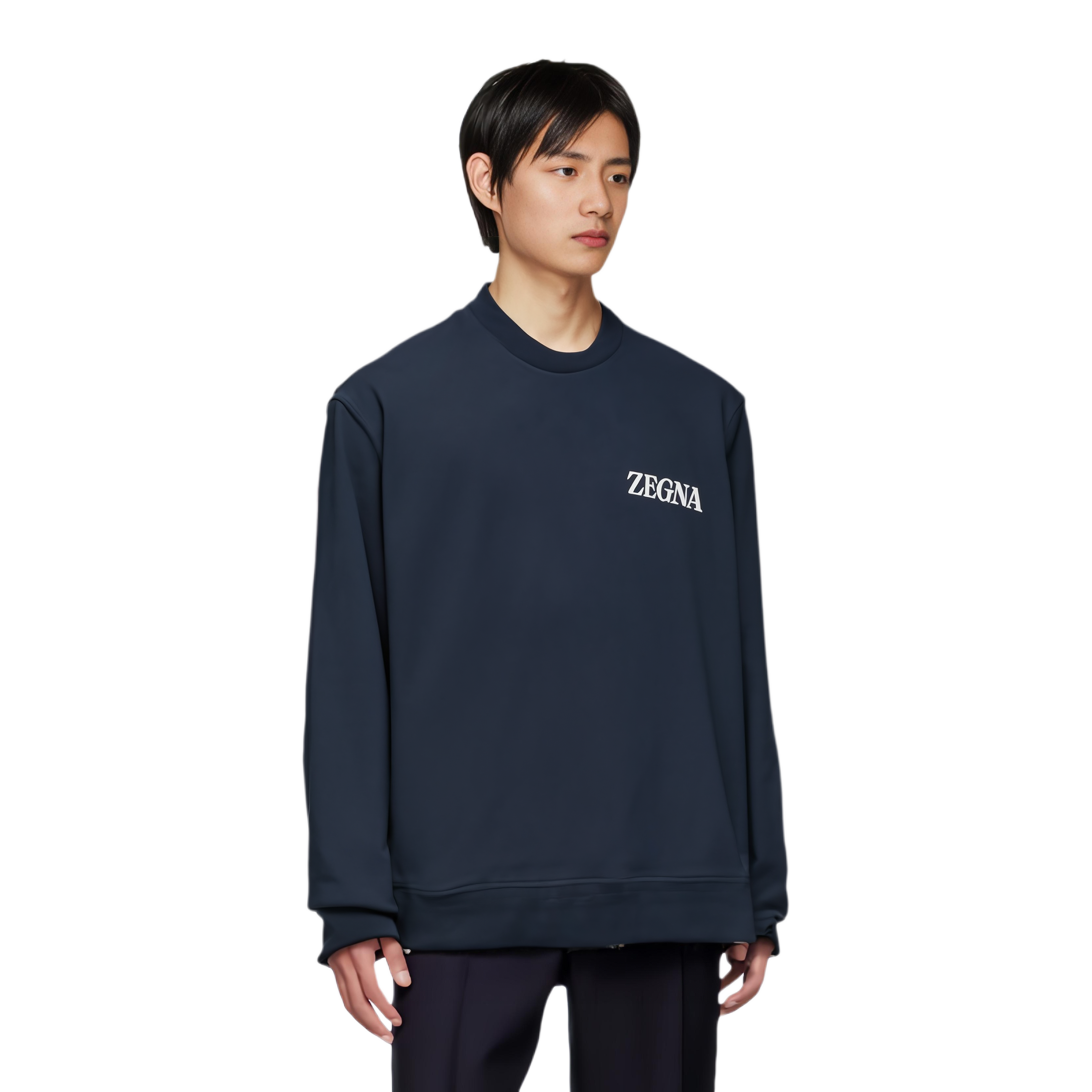 Shop Zegna 海軍藍圓領印字休閒衛衣 UE522A8-E872-B09