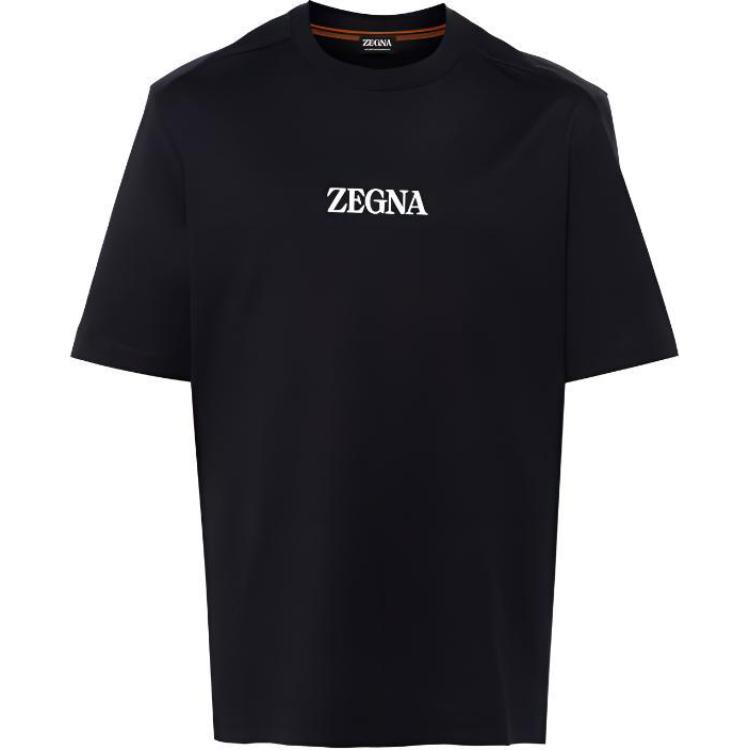 Zegna  Navy Blue Crewneck T-Shirt with Letter Print. UD364A7D777-B09