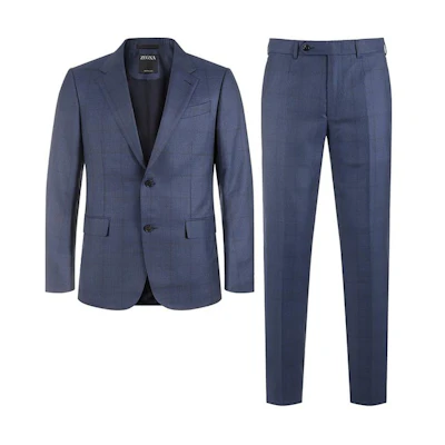 Zegna Navy Blue Plaid Lapel Long Sleeve Single-Breasted Suit Set. 61655-1A6221-225