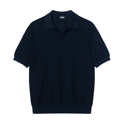 Zegna Navy Blue Solid Color Loose Fit Short Sleeve Polo Shirt. UDC95A7C32B09