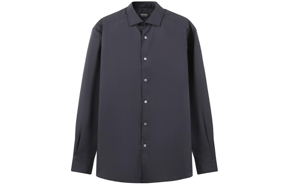Zegna  Navy Blue Solid Long Sleeve Button-Up Shirt. UCX20A6-SRF5-049