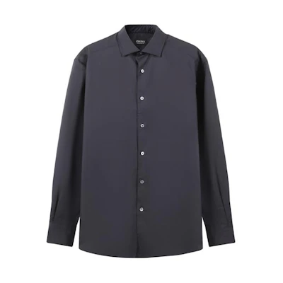 Zegna Navy Blue Solid Long Sleeve Button-Up Shirt. UCX20A6-SRF5-049
