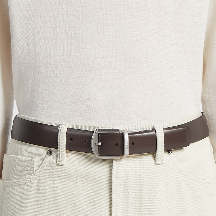 Lookbook Zegna 紫色粒面皮革針扣皮帶，3.5公分寬。 LHACO-B064AZ-TDM