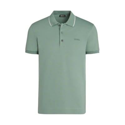 Zegna Slim Fit Embroidered Logo Polo Shirt Short Sleeve - Gray Green UD358A7-D746-V04