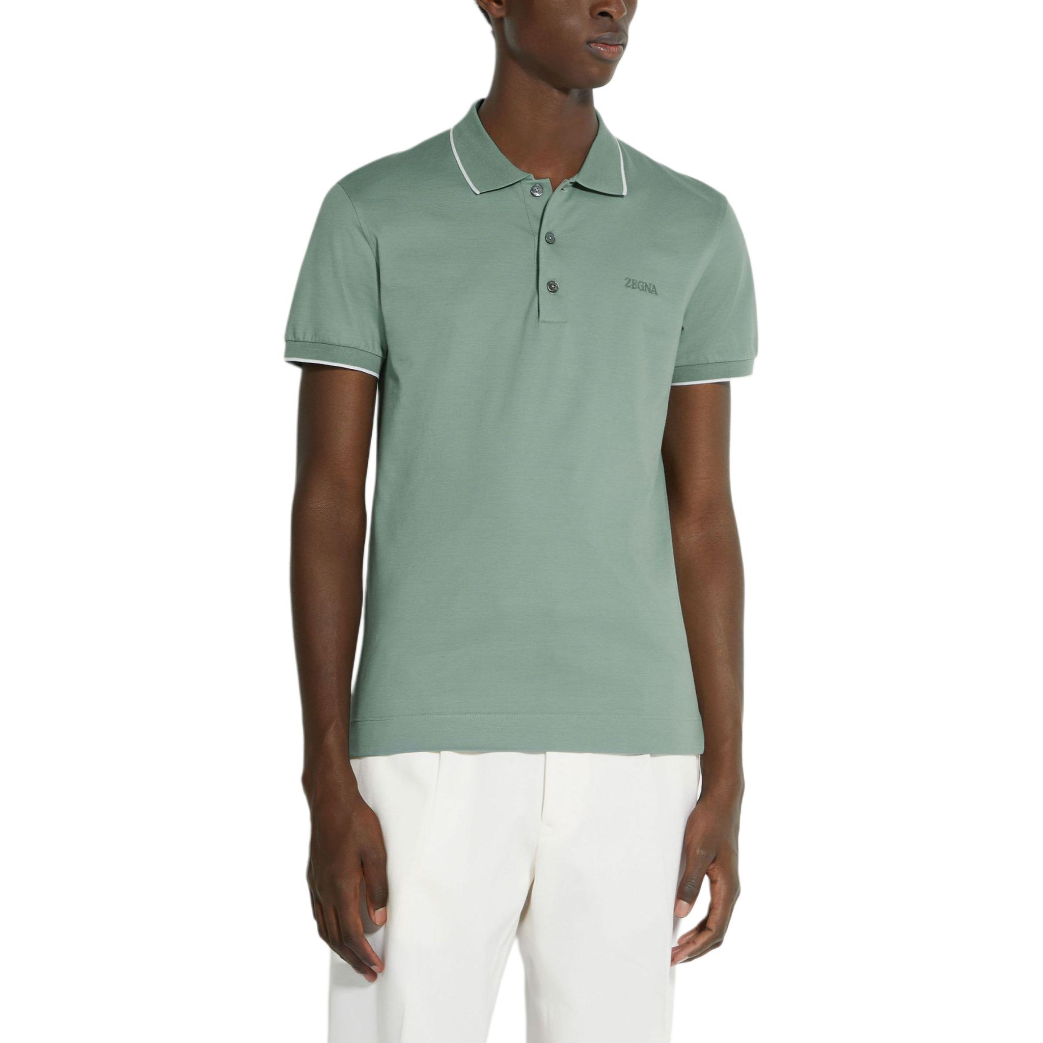 Lookbook Zegna 修身刺繡標誌短袖Polo衫 - 灰綠色 UD358A7-D746-V04