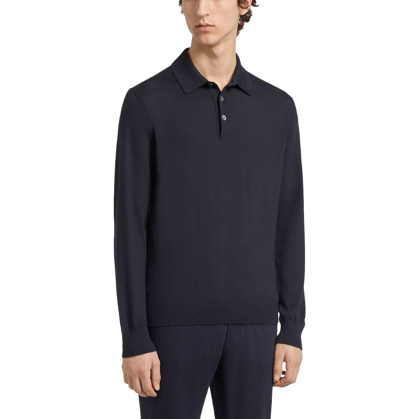 Zegna  Slim Fit Long Sleeve Solid Polo Shirt Navy Blue. E8J00-132-B98 圖 3