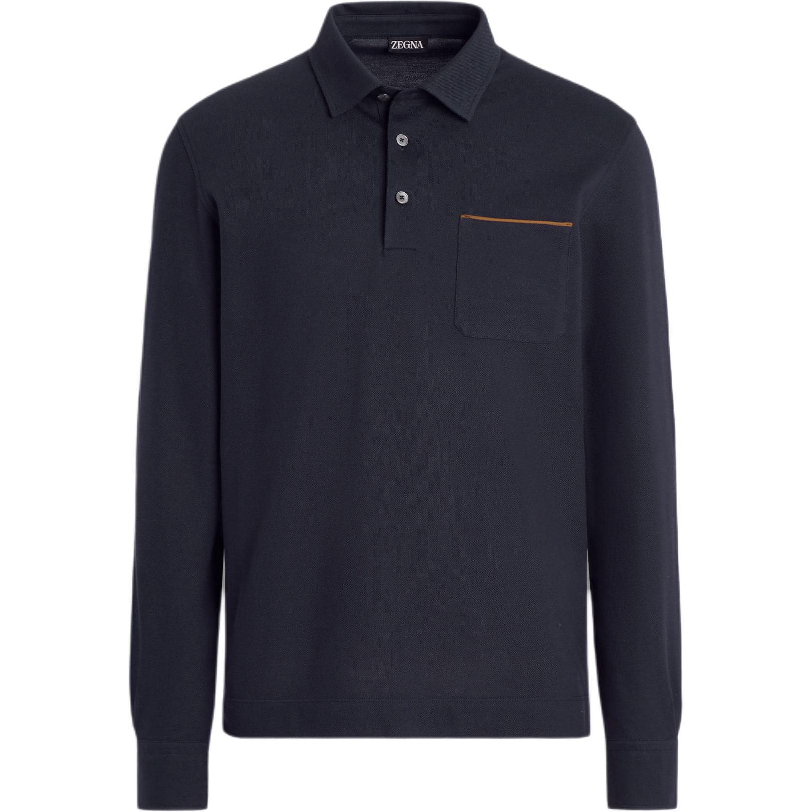 Zegna  Solid Navy Long Sleeve Polo Shirt with Chest Pocket. UE392A8-E757-B09