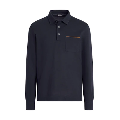 Zegna Solid Navy Long Sleeve Polo Shirt with Chest Pocket. UE392A8-E757-B09