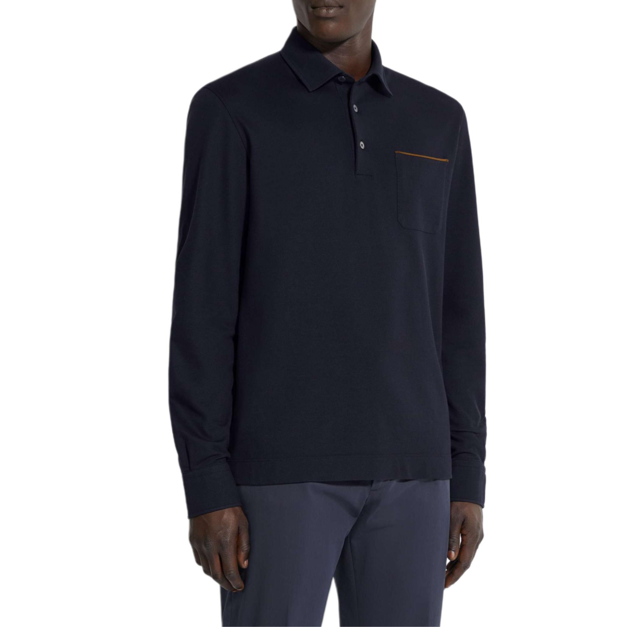 Shop Zegna  Solid Navy Long Sleeve Polo Shirt with Chest Pocket. UE392A8-E757-B09