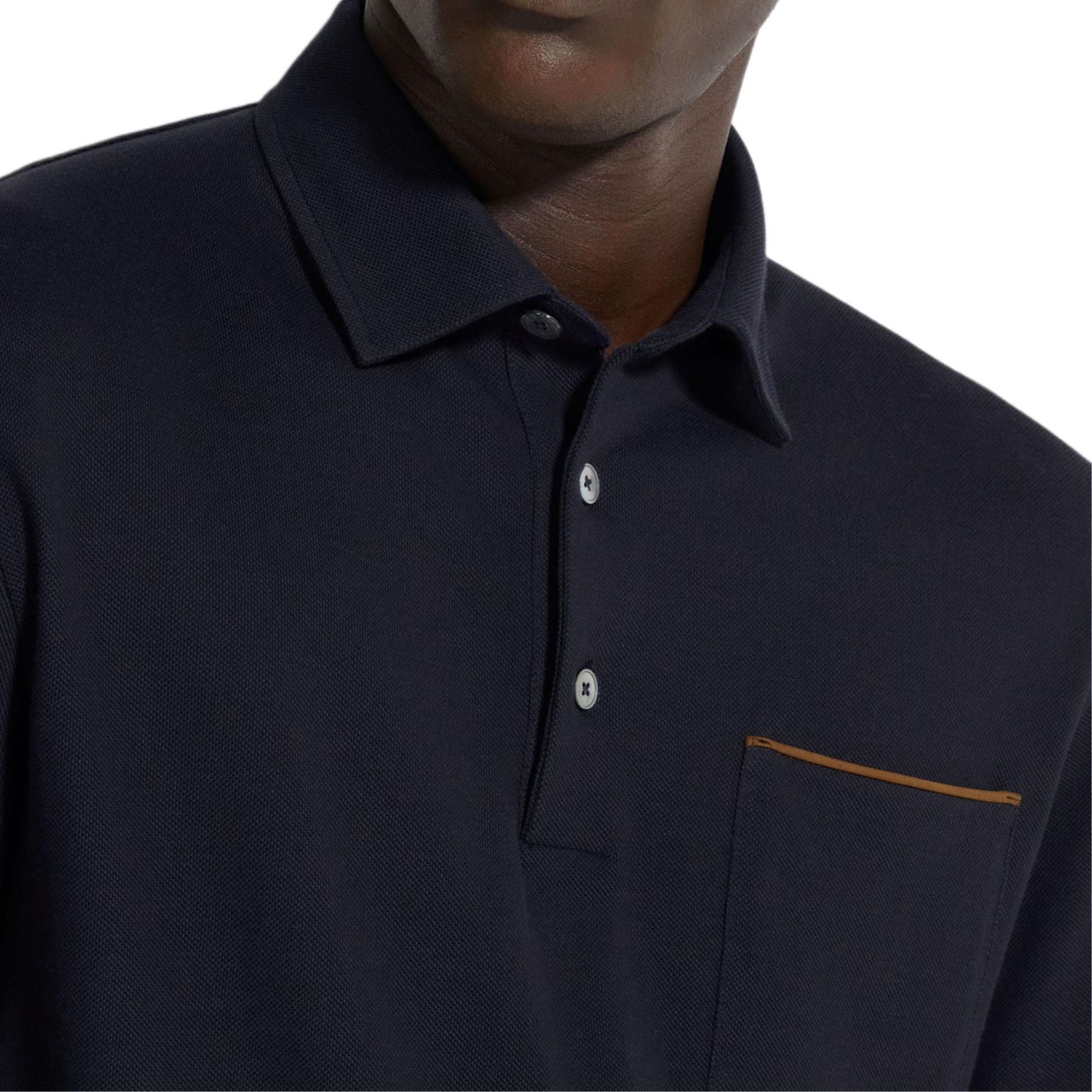 Sizing Zegna  Solid Navy Long Sleeve Polo Shirt with Chest Pocket. UE392A8-E757-B09