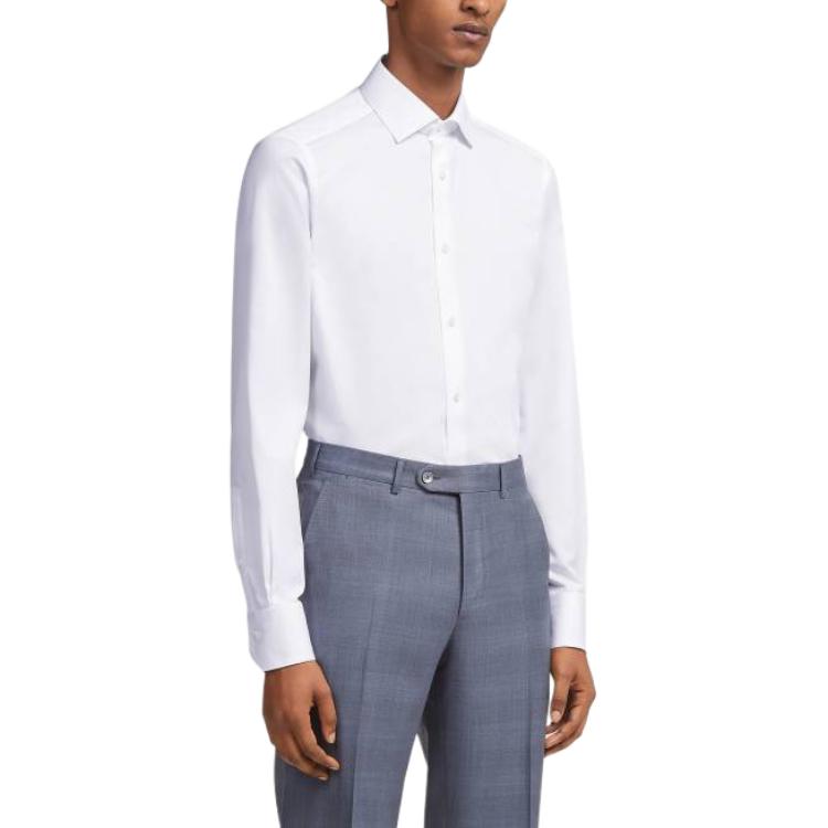 Shop Zegna  Solid White Long Sleeve Button-Down Shirt. CT1500-9MS0MT