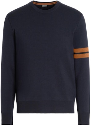 Jersey de punto con cuello redondo y rayas de manga larga Zegna azul marino. E8M91-110-B09 Buy Jersey de punto con cuello redondo y rayas de manga larga Zegna azul marino. E8M91-110-B09