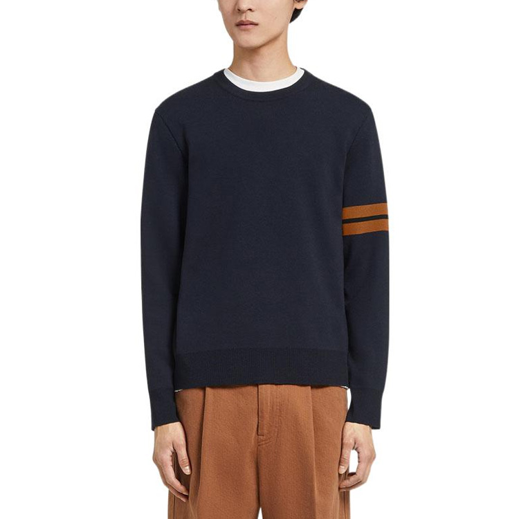 Shop Jersey de punto con cuello redondo y rayas de manga larga Zegna azul marino. E8M91-110-B09