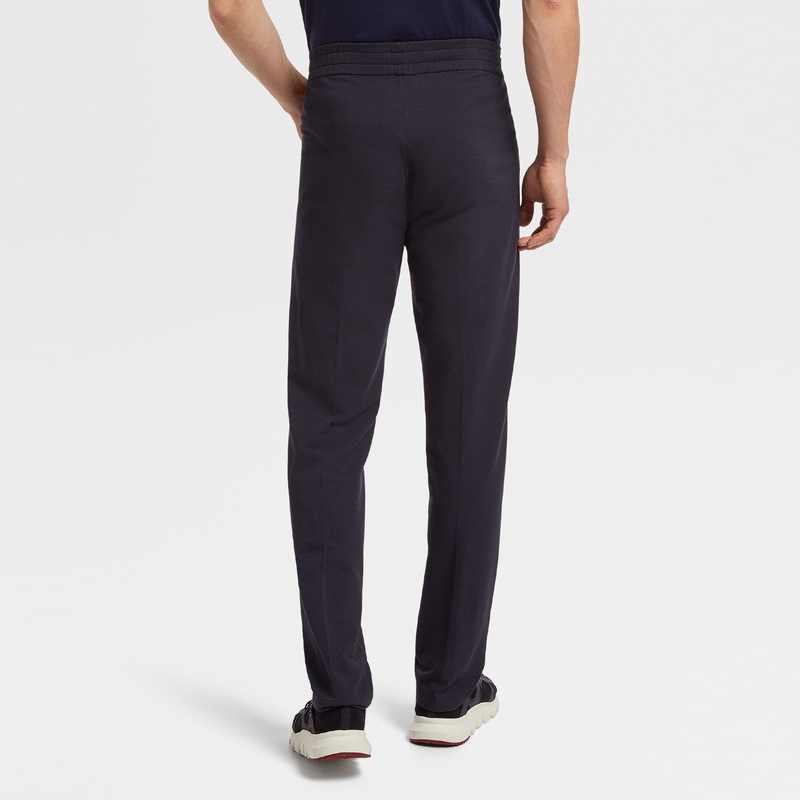 Shop Zegna 經典抽繩純色針織休閒長褲 海軍藍 V8451-ZZP16-B09