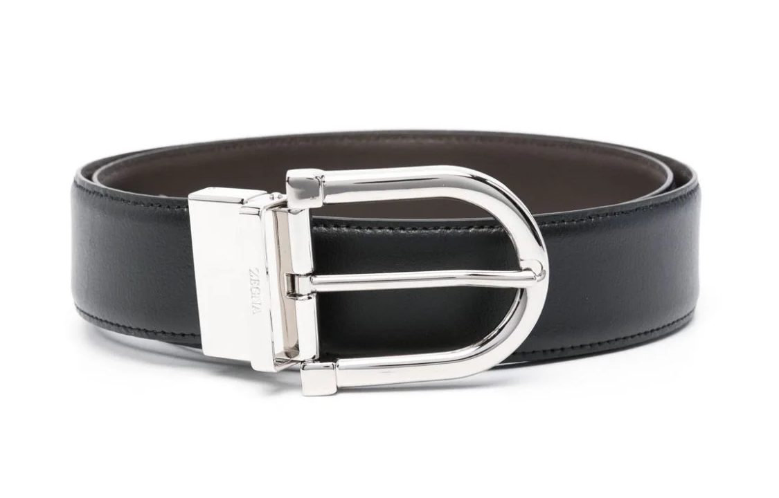Zegna Engraved Logo Pin Buckle Leather Belt for Men - Black, 3.5CM Wide. LHVICB008PZ