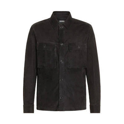 Zegna FW22 Black Leather Shirt Jacket with Collar. UAPSG-A260-001
