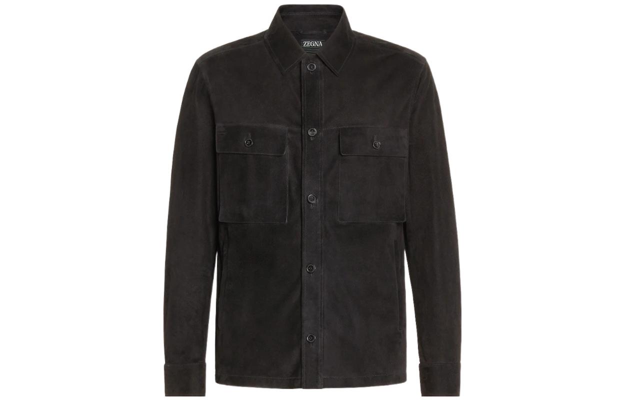 Order Zegna 秋冬22 黑色真皮翻領襯衫外套 UAPSG-A260-001