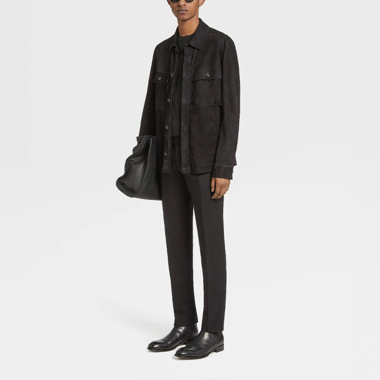 Lookbook Zegna 秋冬22 黑色真皮翻領襯衫外套 UAPSG-A260-001